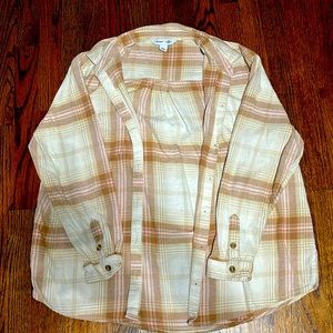 “The boyfriend shirt” from old navy. Tan and light pink flannel/ cardigan.